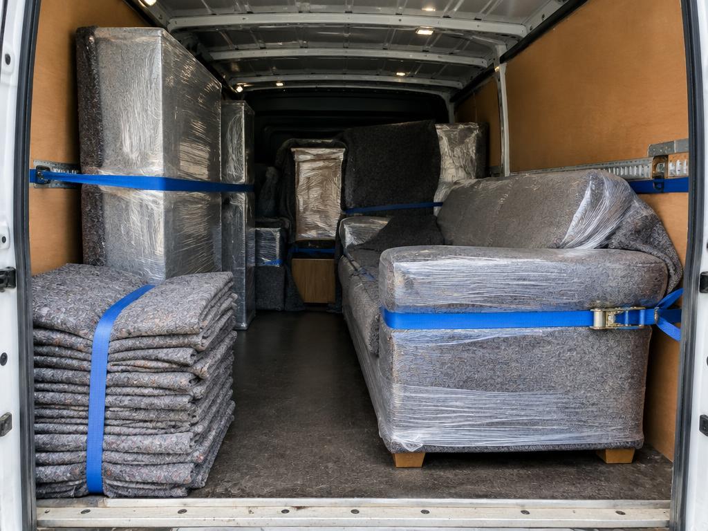 Furniture wrapped and strapped inside the van