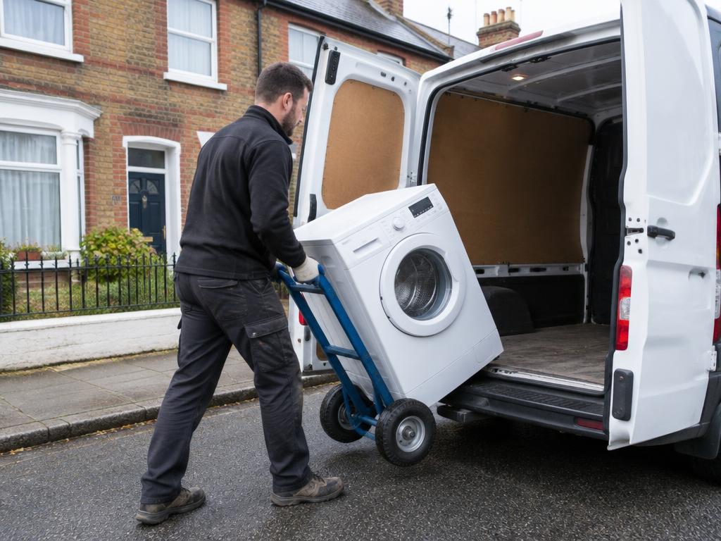 Delivering a washing machine with a trolley