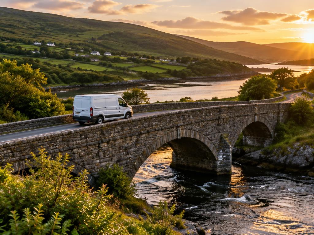The van crossing a stone bridge in County Cork